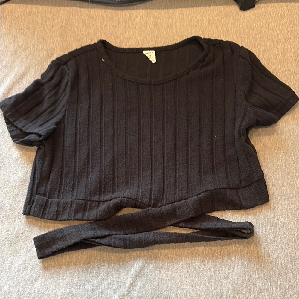Black Ribbed Crop Top with Tie Detail
